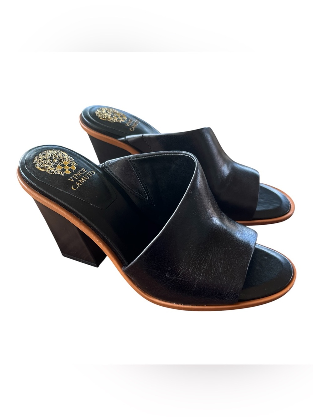 NEW Vince Camuto Fissana Black Leather Womens Sz 7 Peep Toe Block Heel Mules